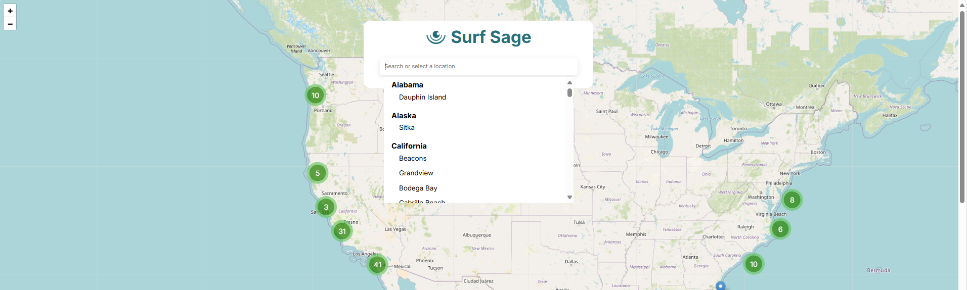 Drop down menu on surf sage forecast home page