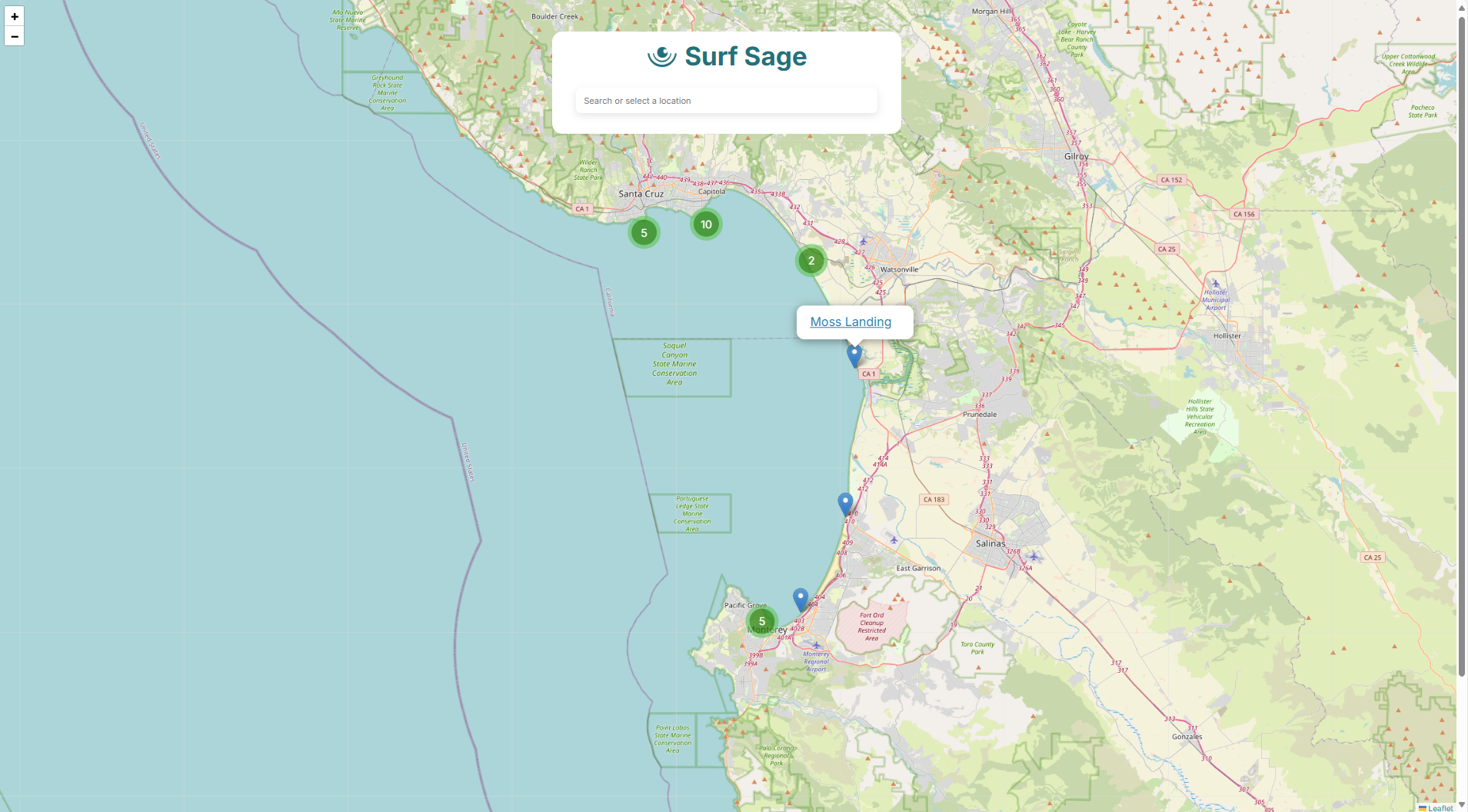 Waves forecast home page zoomed in on location